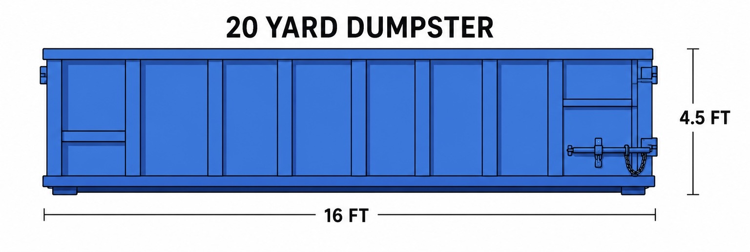 Side view diagram of the 20 Yard roll-off dumpster with length and height dimensions