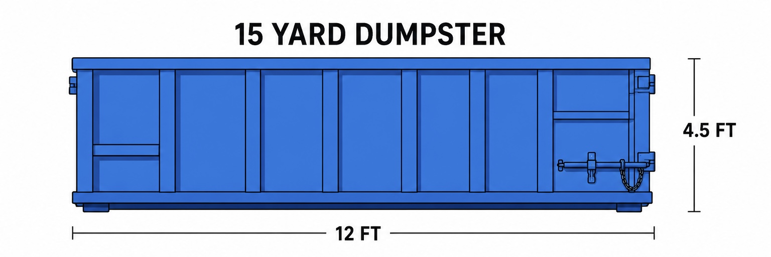 Side view diagram of the 15 Yard roll-off dumpster with length and height dimensions